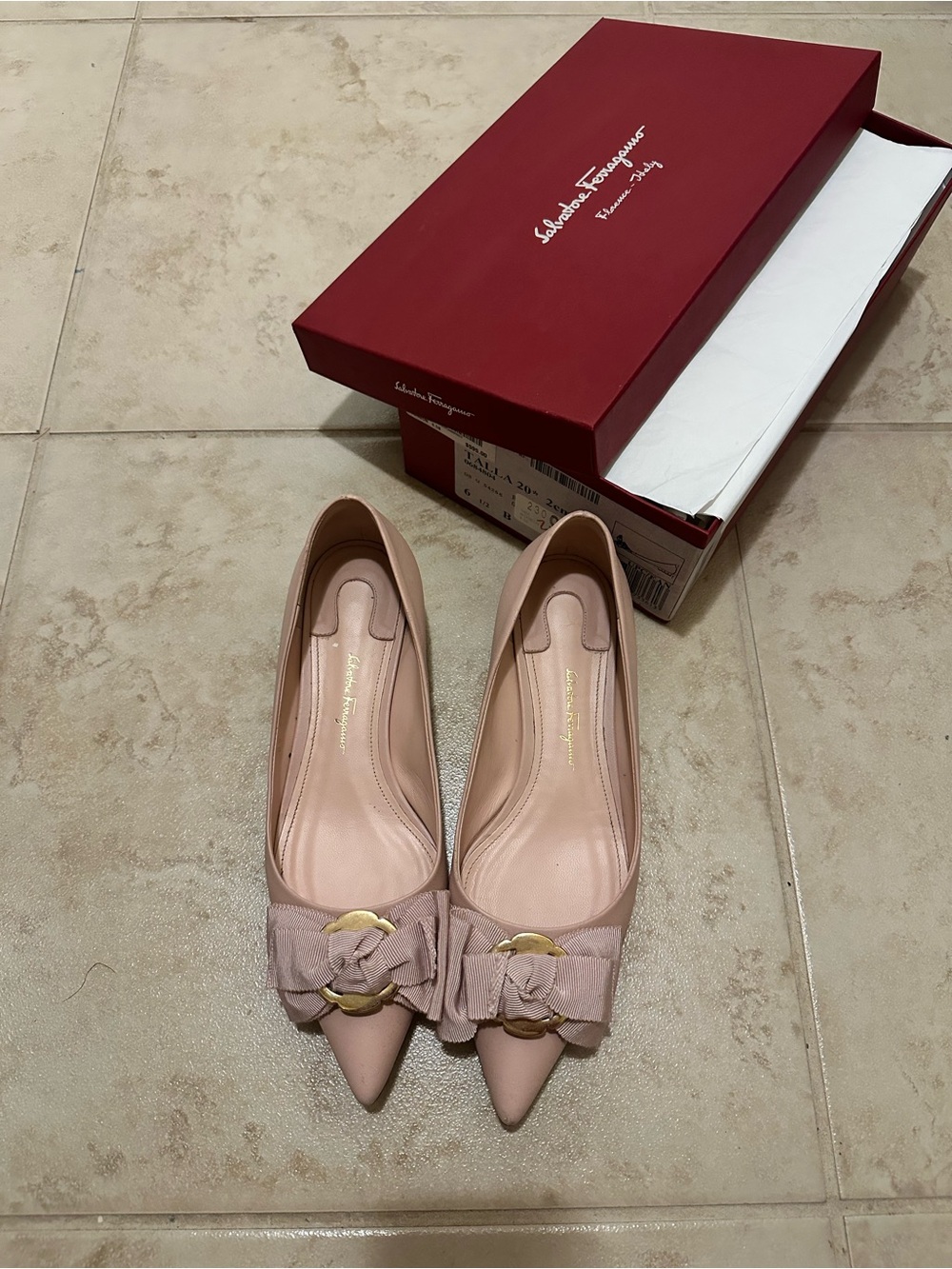 Salvatore Ferragamo Blush Bow Pointed Toe Flats with Gold Accent
